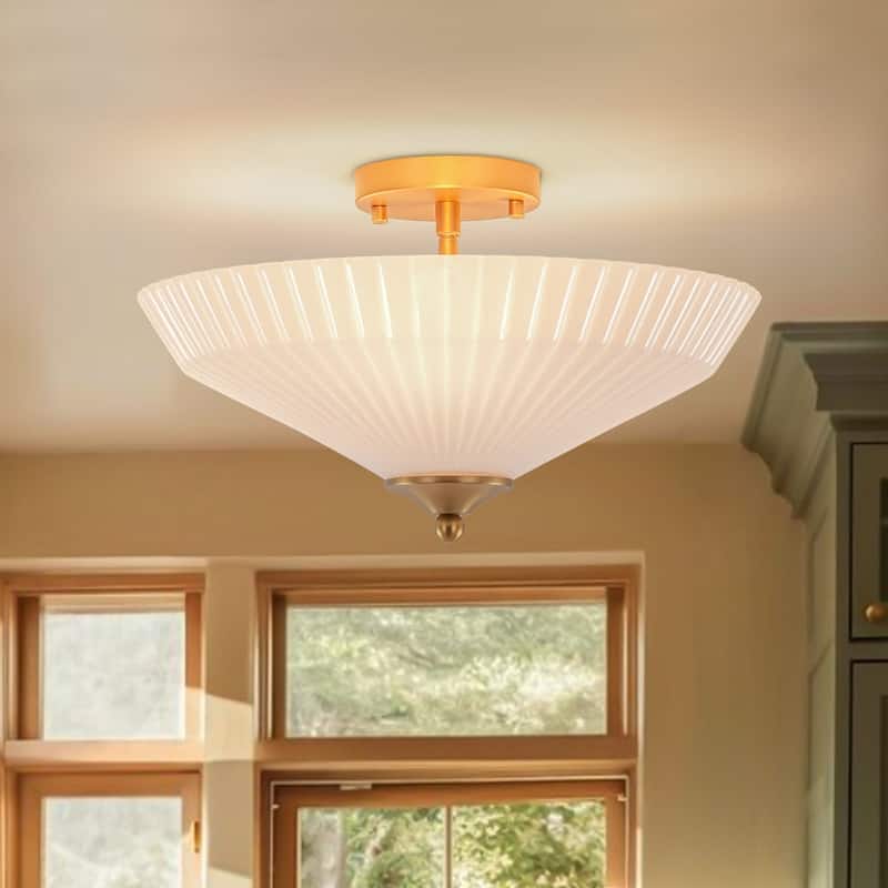 Mid-Century Scalloped Milky Glass Shallow Cone Semi Flush Light - 15.7 Inches