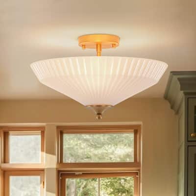 Mid-Century Scalloped Milky Glass Shallow Cone Semi Flush Light - 15.7 Inches