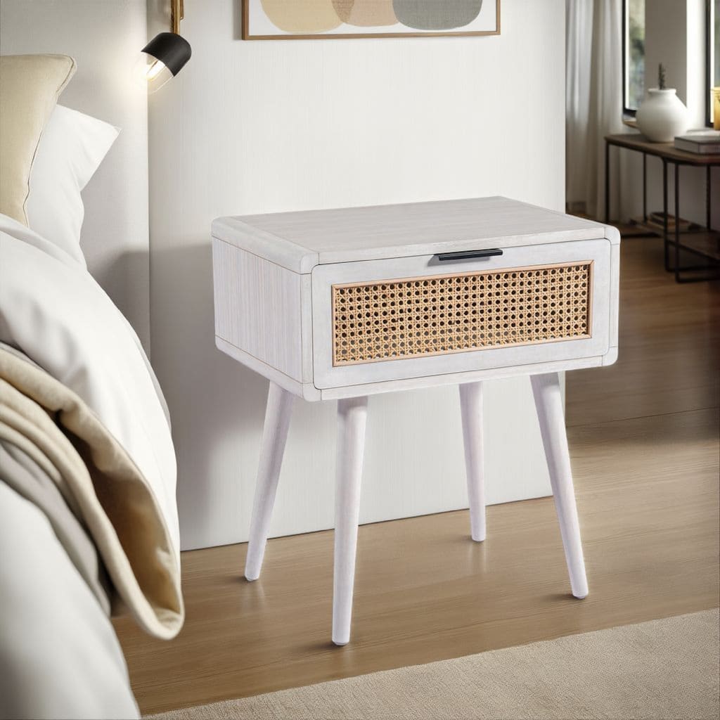 Camy Side End Table, Natural Brown Cane Woven Drawer, White 22 Inch