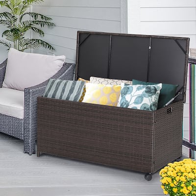 50 Gallon Patio Rattan Storage Deck Box Container Wheels W/ Liner