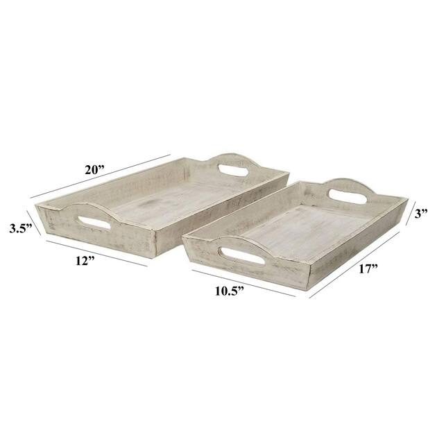 Benzara Distressed Wooden Serving Trays With Handles, Set Of 2, White