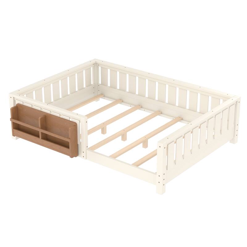 Montessori Floor Bed Low Profile Kids Bed with Rails & Bookshelf