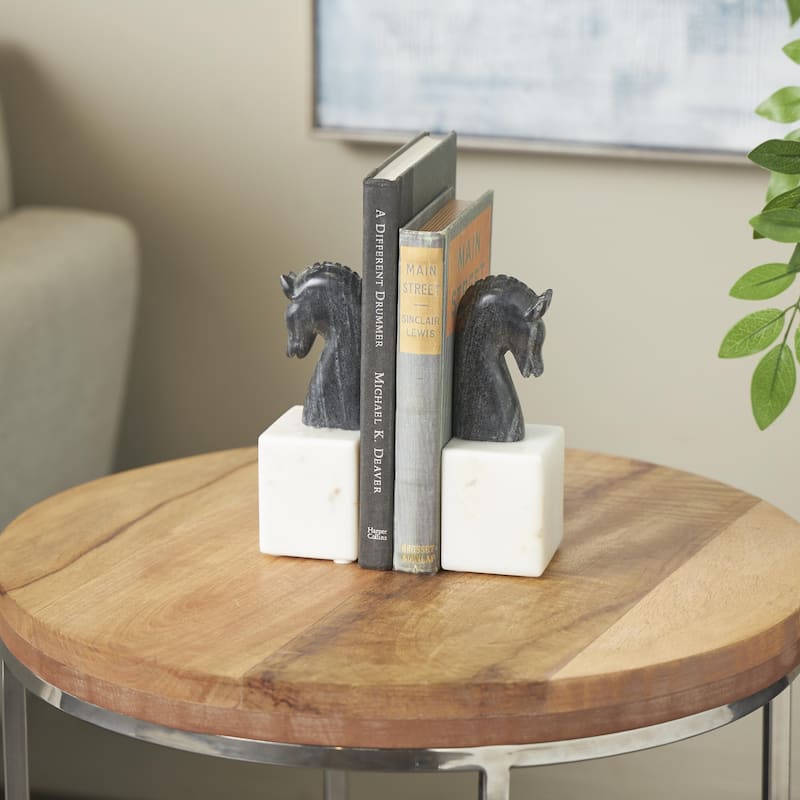 Marble Horse Distressed Bookends with White Block Bases - Set of 2 Black - Roche River Decor