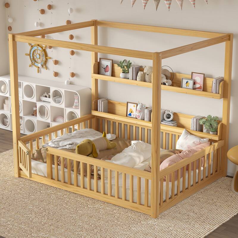 Montessori-Inspired Design Canopy Bed Kids Solid Wood Floor Bed Frame with Built-in Storage Shelves and Child-Safe Guardrails