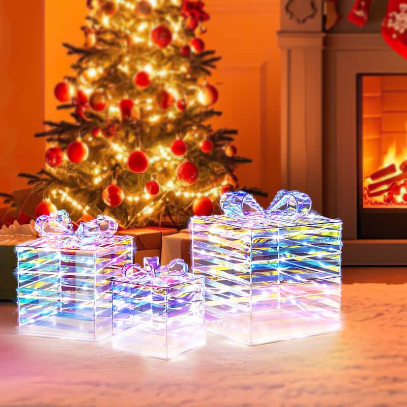 Gymax 3 Pieces Christmas Lighted Gift Boxes 90 LED Light up Present - Multi - See Details