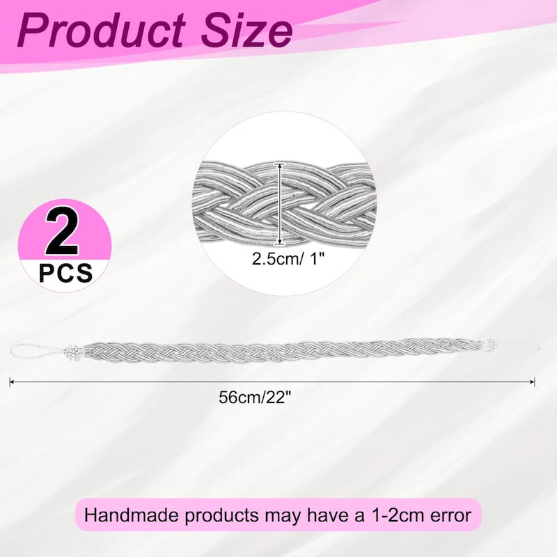 2 Pcs Curtain Tiebacks, Braided Drapery Holdback - Light Silver - 58cm/23"