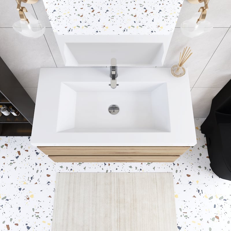 Angela Wall Mounted Bathroom Vanity in F. Oak with White Cultured Marble Top
