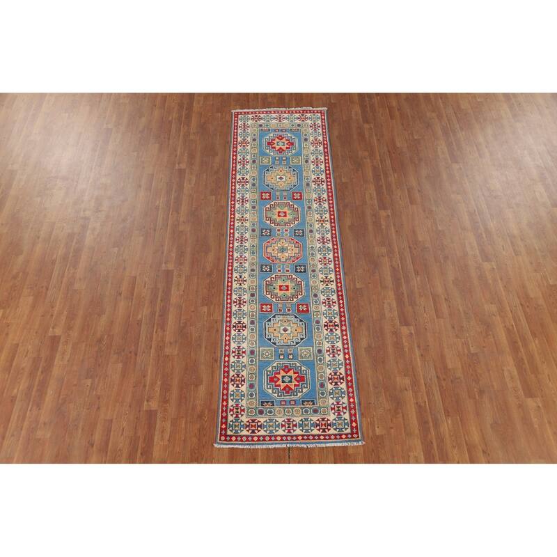Blue Geometric Kazak Runner Rug Hand-Knotted Oriental Wool Carpet - 2'8" x 9'6"