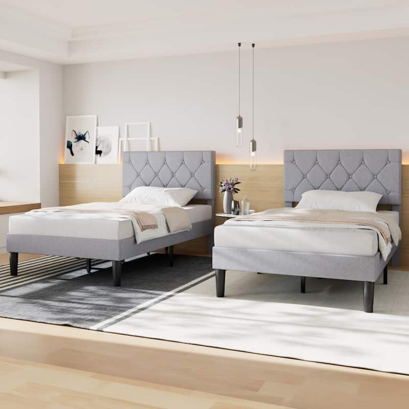VECELO 2 Pack Upholstered Twin Size Kids Bed Frame Set of 2 Diamond Tufted Headboard with Crystal/Button Accents