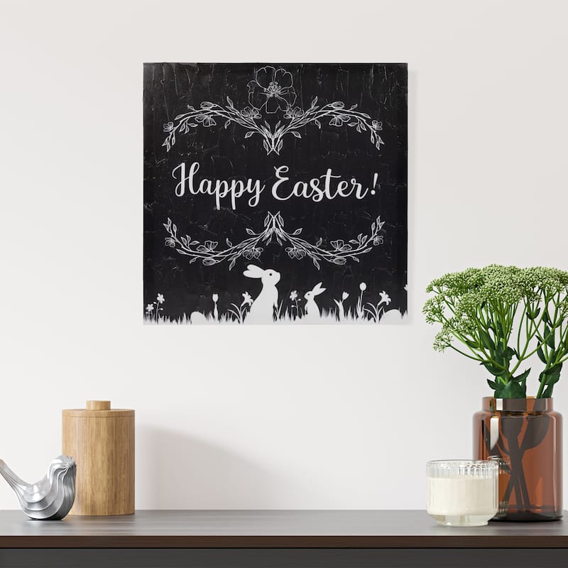 Black and White Happy Easter Bunnies Canvas Wall Art 17.75" x 17.75"