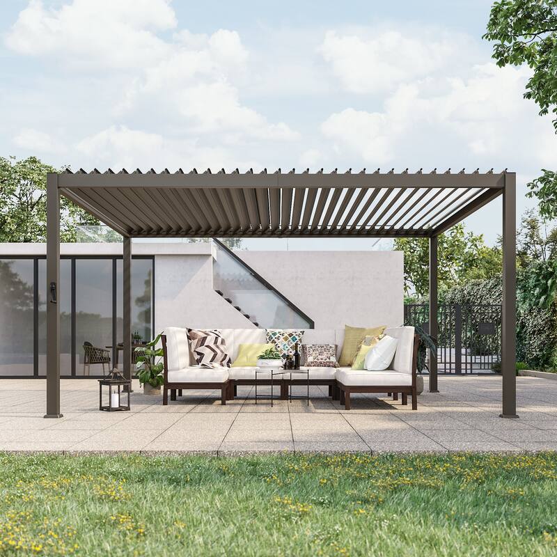 Aluminum Steel Pergola, Outdoor Pergola with Adjustable Roof - 12x14FT - Brown