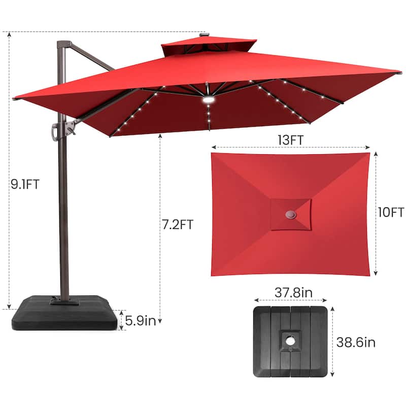 13 x 10 FT Solar Powered LED Light Patio Cantilever Umbrella Aluminum Pole with Base