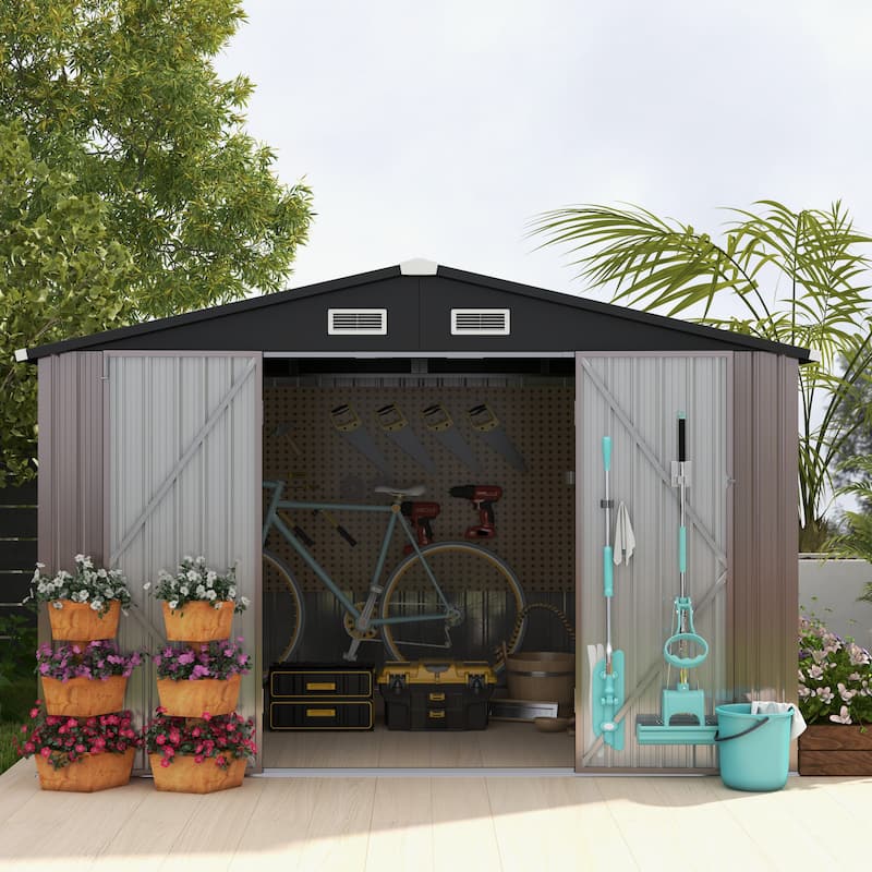 7.6x9.7 FT Outdoor Garden Storage Shed - 7.6x9.7 FT without base - Brown-- without base