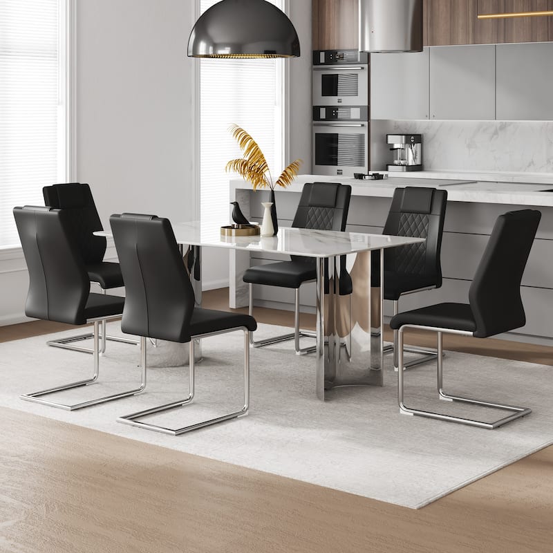 Luxury 7-Piece Rectangular Dining Table Set, 63" Kitchen Table with 6 Upholstered Faux Leather Chairs for Dining Room