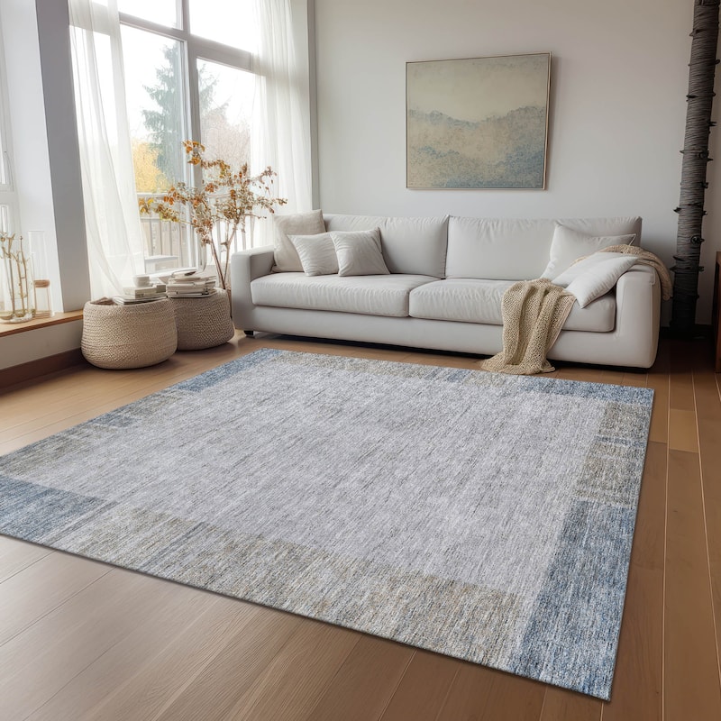 Machine Washable Indoor/ Outdoor Chantille Modern Border Rug