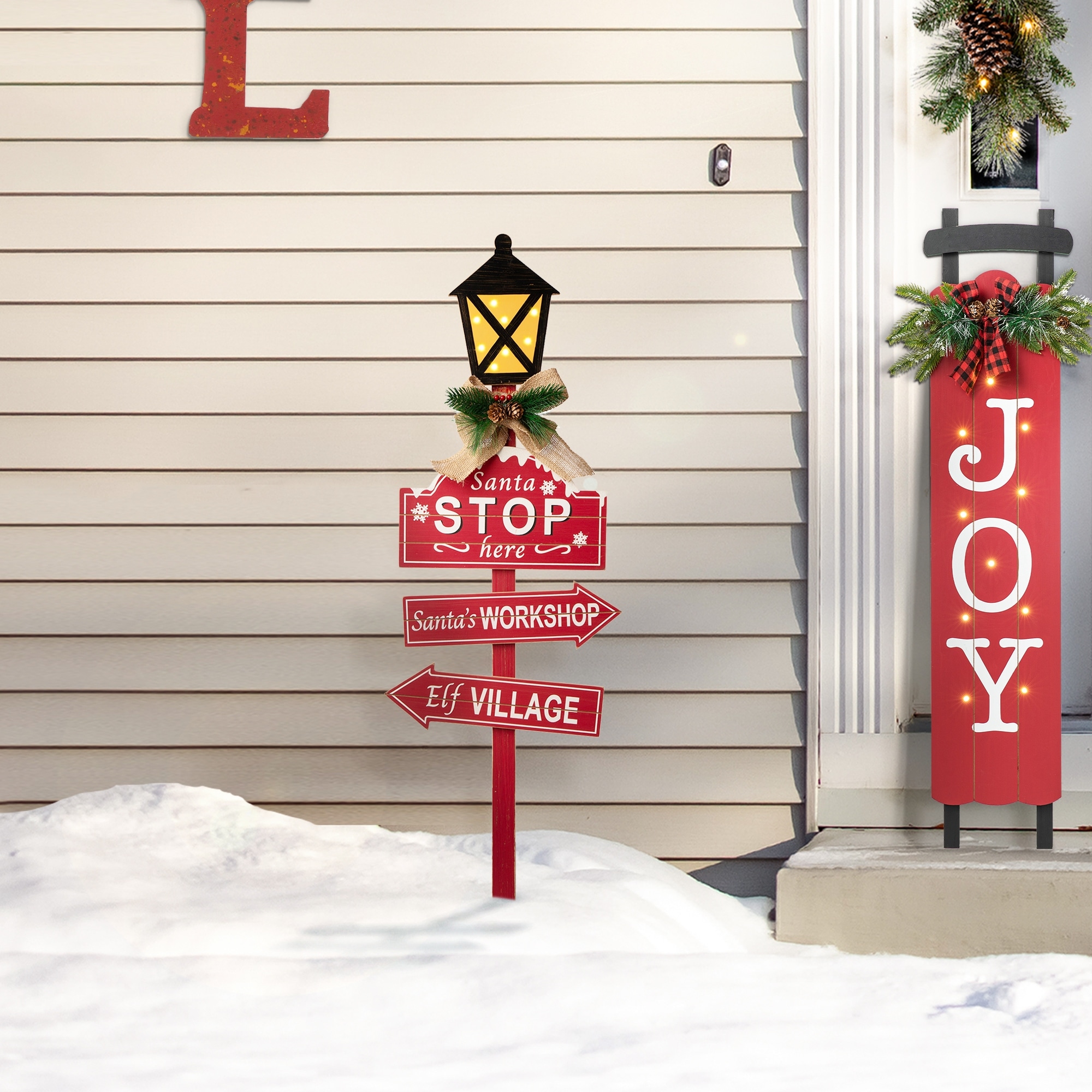 Glitzhome Christmas Lighted Wooden Santa Stop Here Yard Stake Outdoor Decor