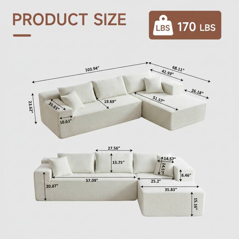 103.54" L-Shaped Modern High-Density Sponge Velvet Modular Sectional Sofa with Chaise & Pillows