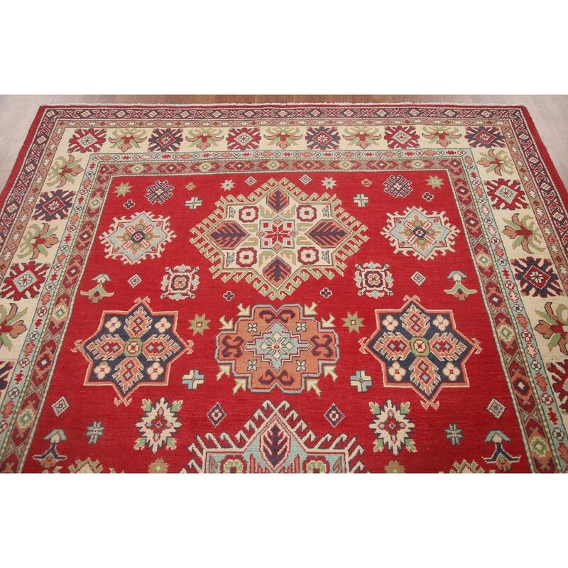 Hand Knotted Oriental 100% Wool Carpet Traditional Geometric Red Kazak Area Rug - 9' 10'' X 6' 6''