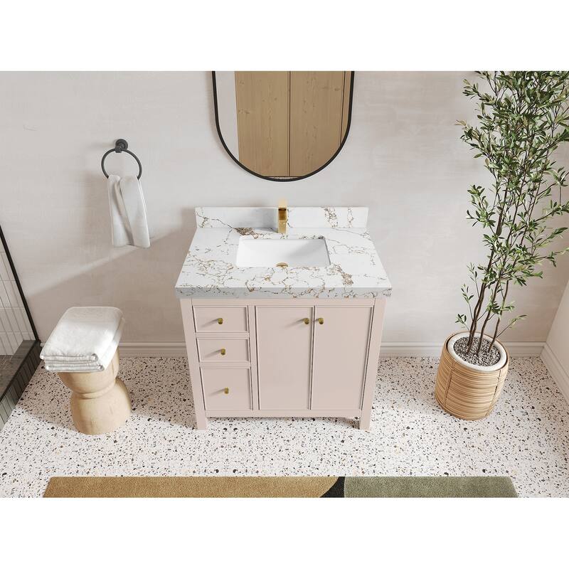 Willow Collections 36 in. W x 22 in. D Chicago Center Sink Right Bathroom Vanity with Countertop - 2"Viola Gold - Pink