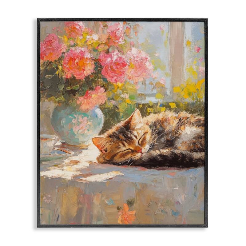 Stupell Sleeping Kitten & Flower Vase Framed Giclee Art Design By Nini Art - 11 x 14 - Black