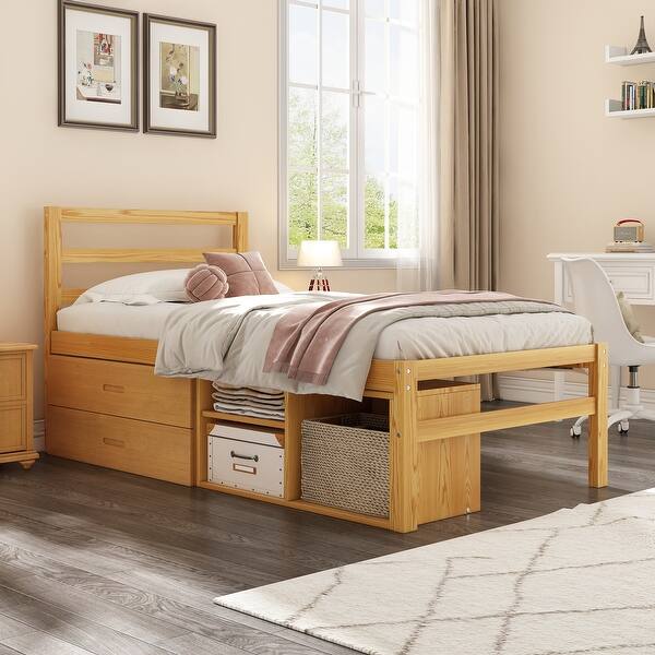 slide 2 of 10, Twin Size Platform Bed with Built-in Two Storage Drawers, Natural Wooden Storage Bed with Built-in 2 Drawers and Headboard Natural - Twin