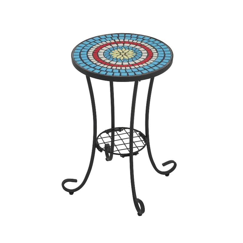 Roomfitters Outdoor Patio Side Table with Ceramic Tile Top and Lower Shelf, Floral