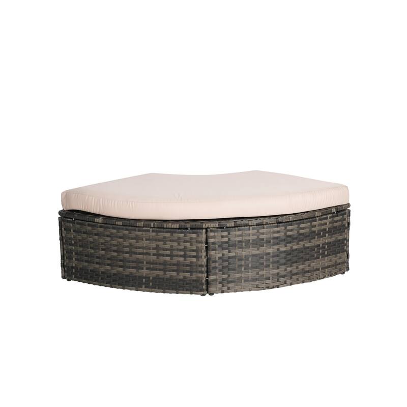 5 Pieces Outdoor Patio Rattan Round Daybed Sunbed with Retractable Canopy and Removable Cushions