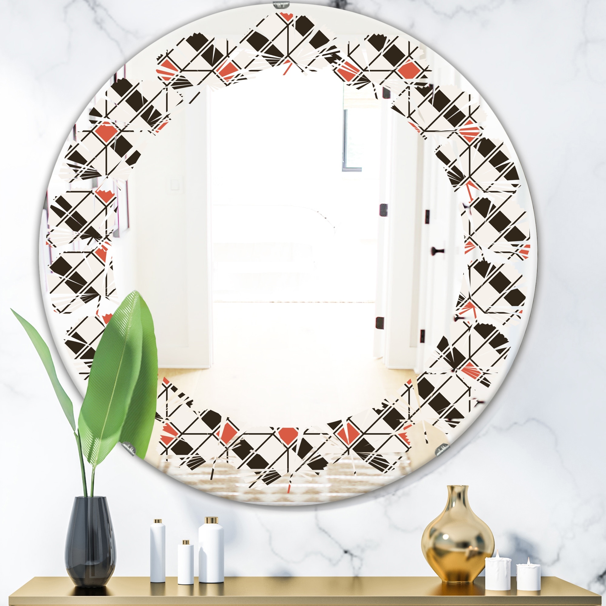 Designart 'Abstract Design Retro Pattern IV' Printed Modern Round or Oval  Wall Mirror Leaves Bed Bath  Beyond 29840557