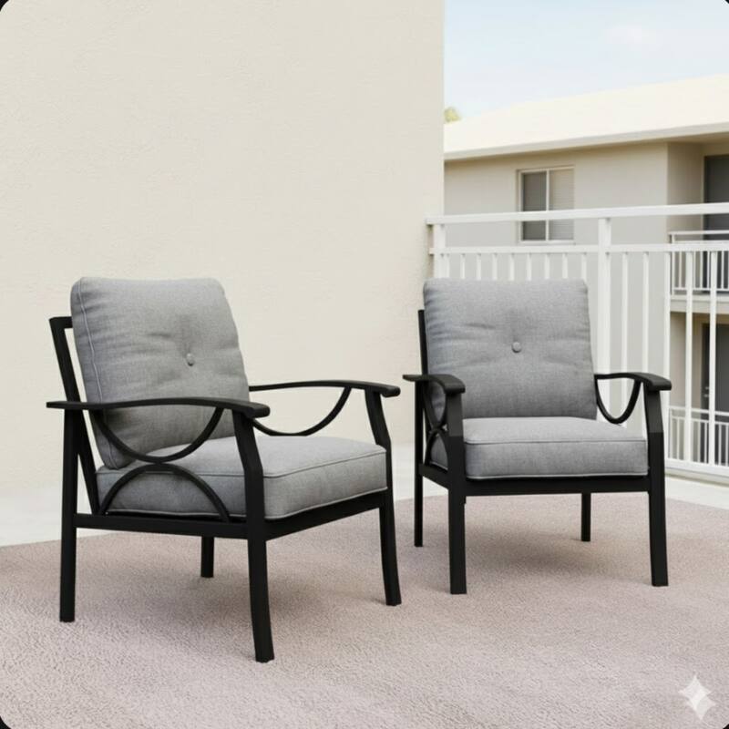 Rossetta Elegant Modern Simple Design Patio Metal Armchairs with Thick Foam Cushions, Set of 2 - Black+ Gray