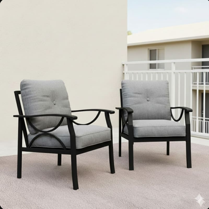 Set of 2 Metal Armchairs, Black Frame with Gray Cushions