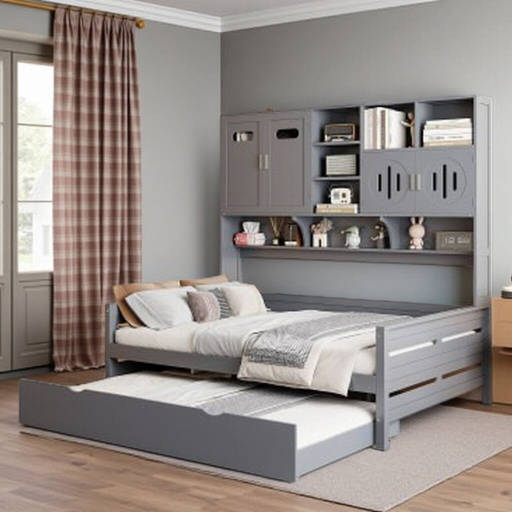 Full Size Wood Daybed with Built-in Storage Cabinet, Open Shelves & Twin Trundle Bed, Space-Saving Multi-Functional Frame
