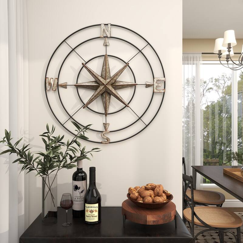 Gray Metal Indoor Outdoor Compass Home Wall Decor with Distressed Copper Like Finish