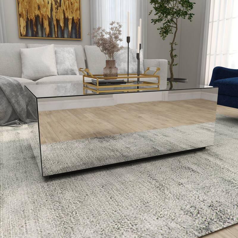 Silver Glass Mirrored Rectangle Living Room Coffee Table with Elevated Base