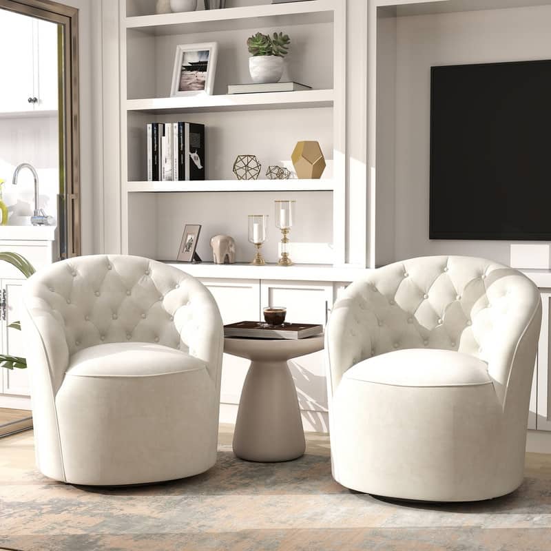 SEYNAR Modern Velvet Upholstered 360 Degree Swivel Barrel Chair with Button Tufted Back Set of 2 - Beige