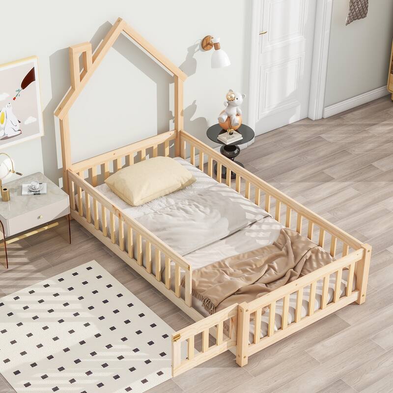 Twin House-Shaped Headboard Floor Bed with Fence, Fun & Safe Kids Bed - Twin Natural