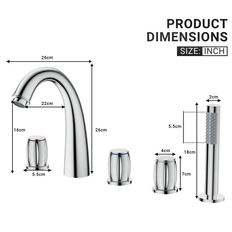 3-Handle Waterfall Roman Tub Faucet Deck-Mount Bathtub Faucet with Hand Shower