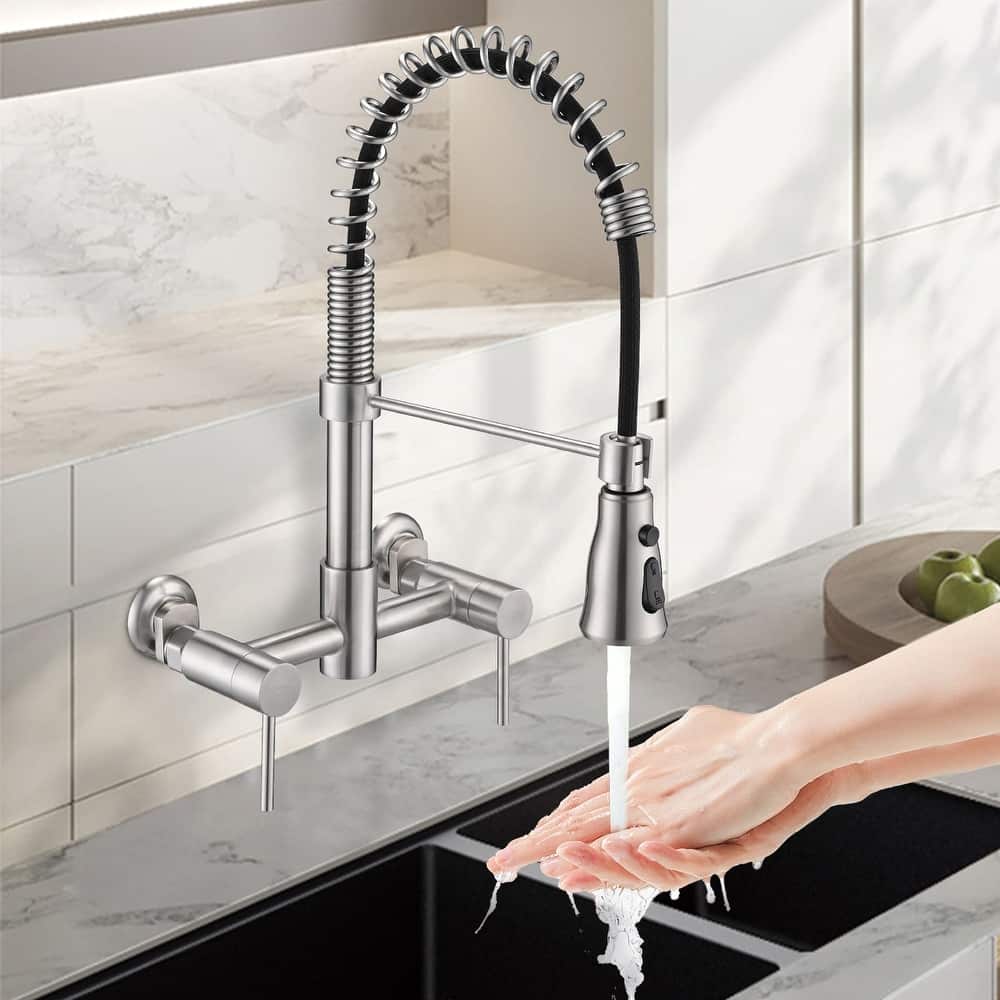 Wall Mounted Kitchen Sink Faucet with Pull Down Sprayer Kitchen Faucet Stainless Steel Basin Taps with 3 Functions Sprayer