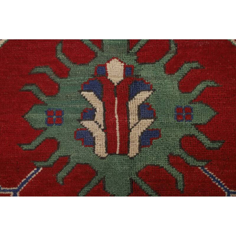 Red Geometric Kazak Area Rug Hand-Knotted Wool Carpet - 6'9" x 9'8"