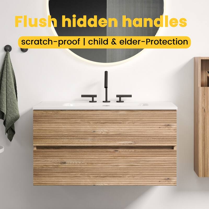 GDFStudio - Gloria Modern Wall-Mounted Floating Bathroom Vanity with Integrated Ceramic Basin & Soft-Close Drawers