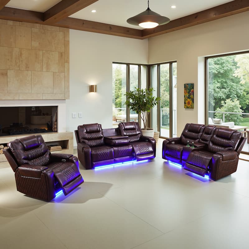 Breathing Leather 3-Piece Couch Recliner Sofa Set for Living Room - Dark Brown