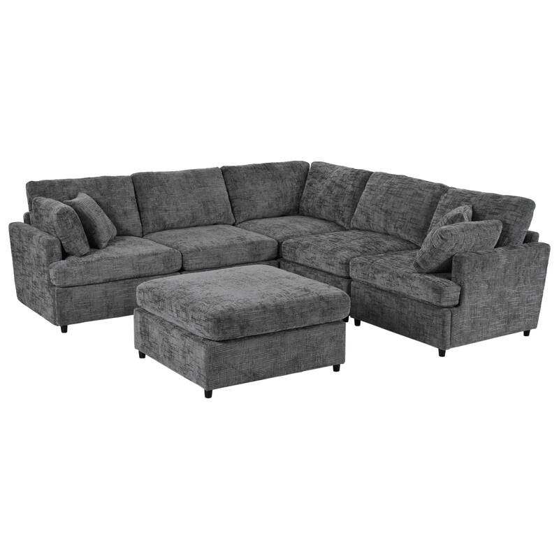 U-Shaped Sectional Sofa with Movable Ottoman, 6 Piece Chenille Sofa Set, Pine Wood Frame Convertible Modular Corner Couch