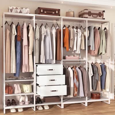 Closet Organizer with Wood Drawers, Garment Rack with Wood Shelves for Reach-in/ Walk-in Closet