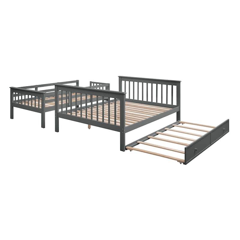 Twin-Over-Full Bunk Bed with Storage Stairway and Twin Trundle, Solid Pinewood Bunk Bed Frame, Divided Into 2 Individual Beds