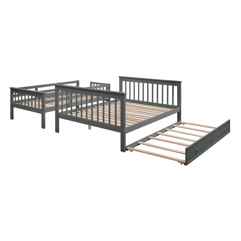 Twin Over Full Solid Wood Bunk Bed with Twin size Trundle, Storage and Guard Rail