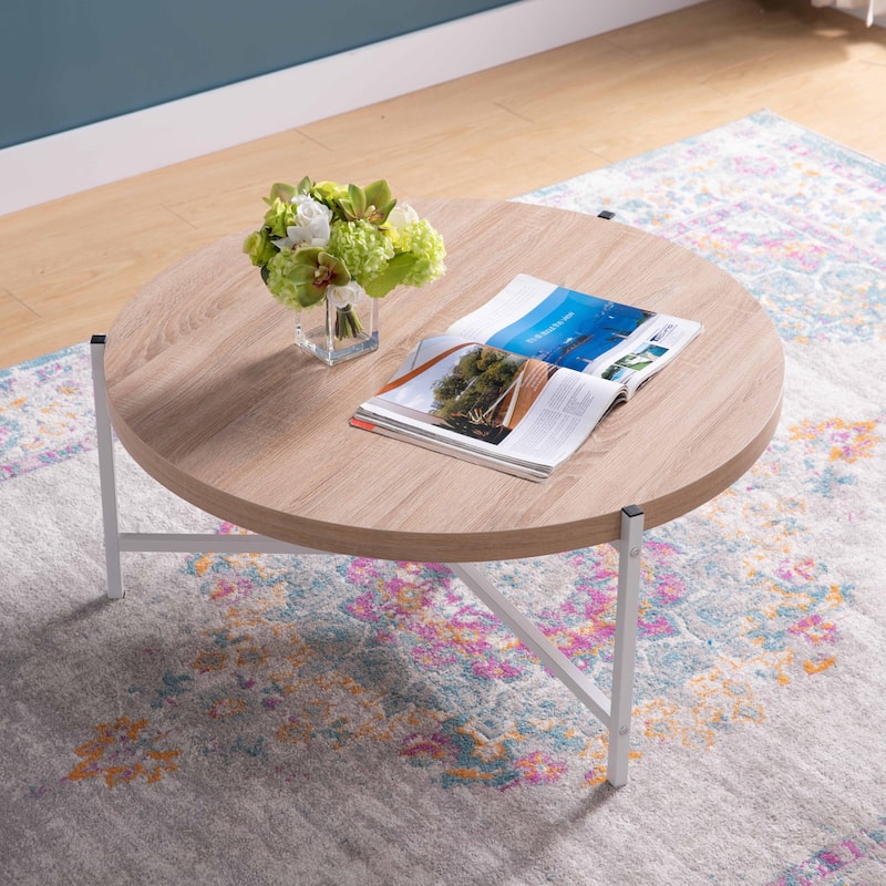 HomeRoots 37" Natural And White Metal Round Coffee Table - 36.5