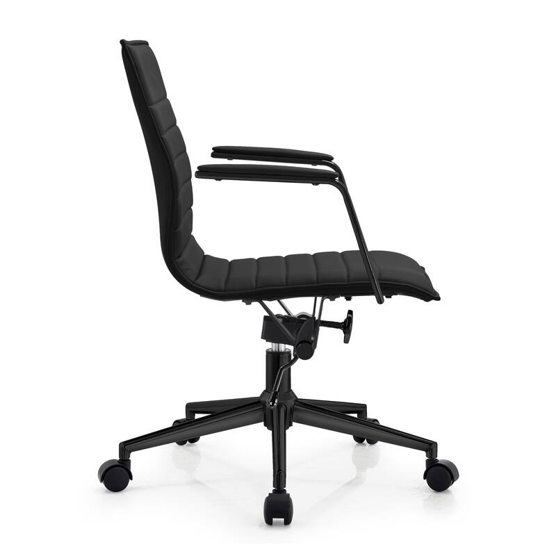 Set of 2 Modern Office Chairs | Upholstered PU Leather Ribbed Mid Back with Metal Frame | Adjustable Height, Tilt Lock