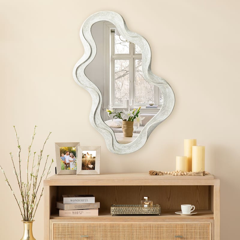 Glitzhome 31.75"H Washed White Fall Wood Frame Wavy Wall Mounted Mirror - 31.75"H x 19.75"L