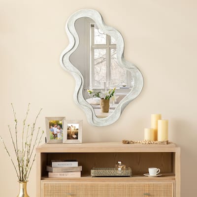 Glitzhome 31.75"H Washed White Fall Wood Frame Wavy Wall Mounted Mirror - 31.75"H x 19.75"L