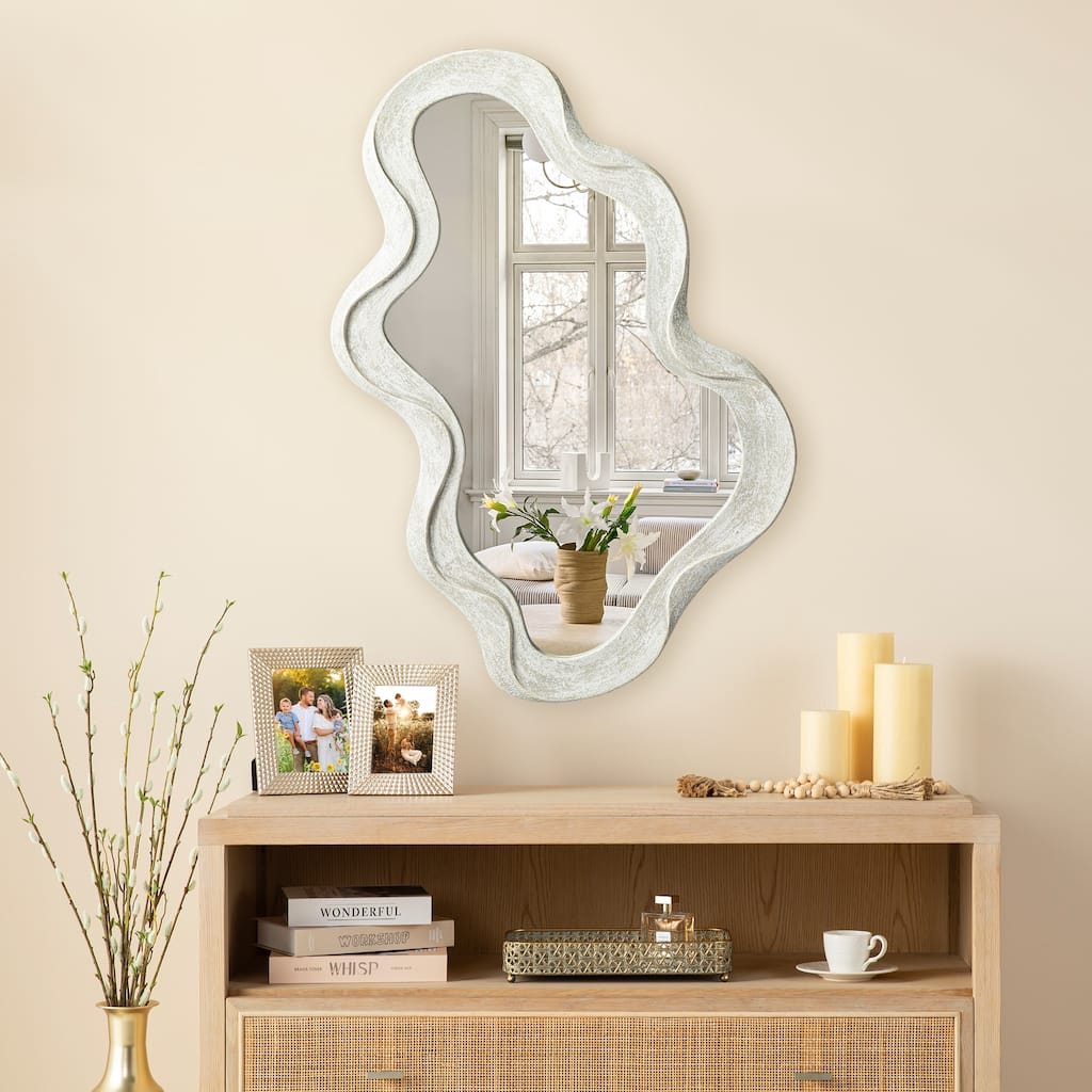 Glitzhome 31.75"H Washed White Fall Wood Frame Wavy Wall Mounted Mirror - 31.75"H x 19.75"L
