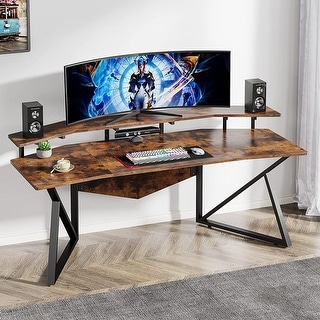 70.9" Large Computer Desk, Home Office Desk with Monitor Stand, Modern Wing-Shaped Gaming Studio Desk